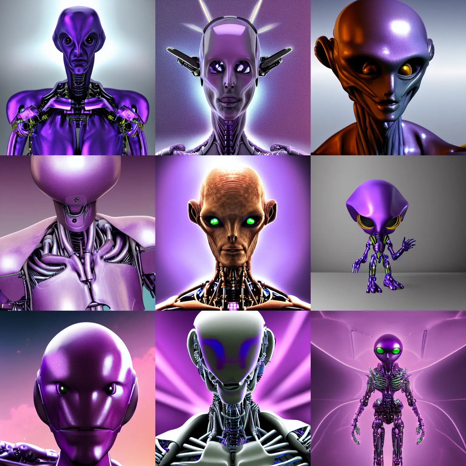 Prompt: photorealistic image of a purple cybernetic alien