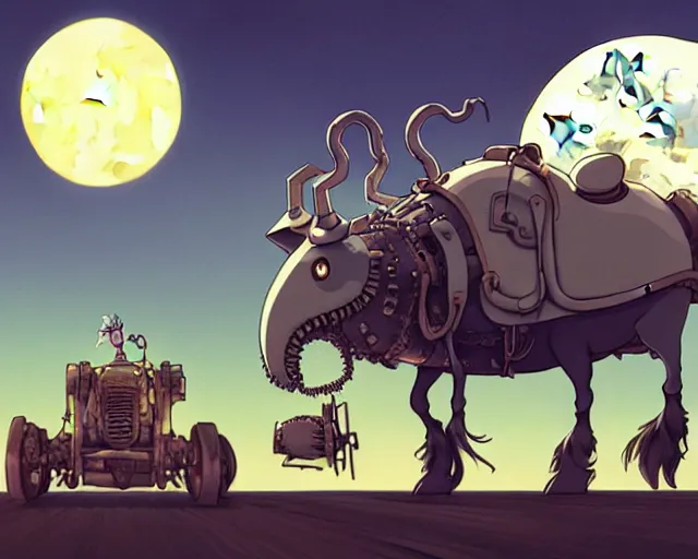 Image similar to a cell shaded cartoon grey lovecraftian mechanized bull from howl's moving castle ( 2 0 0 4 ), with a big head, on a desert road, wide shot, in front of a big moon, muted colors, post grunge, josan gonzales, wlop, by james jean, victor ngai, hq, deviantart, art by artgem