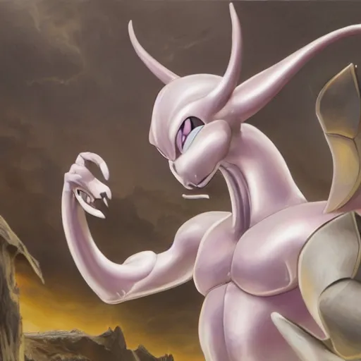 Image similar to Mewtwo (From Pokémon), elden ring boss, matte painting, detailed, elden ring, oil on canvas