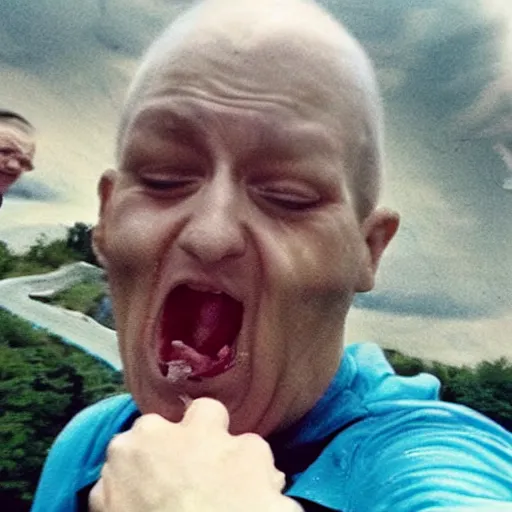 Image similar to last selfie of last alive of frightened funny ukrainian is trying to escape, badly injured from radiation from a huge nuclear explosion, a nuclear missile flies right at him