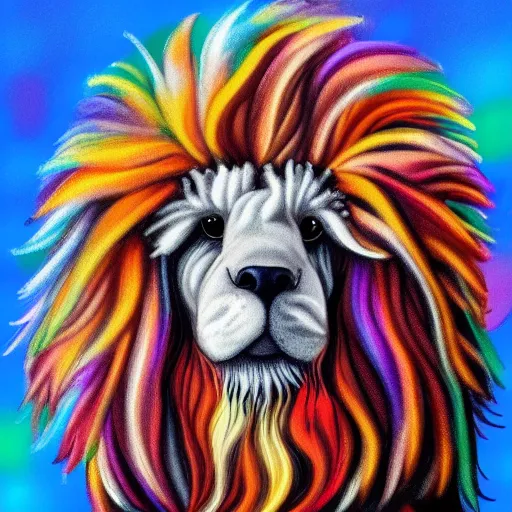 Prompt: profile view of cute fluffy poodle with long colorful flowing lion mane blowing in the wind with mohawk top hairstyle hybrid animal detailed painting 4 k