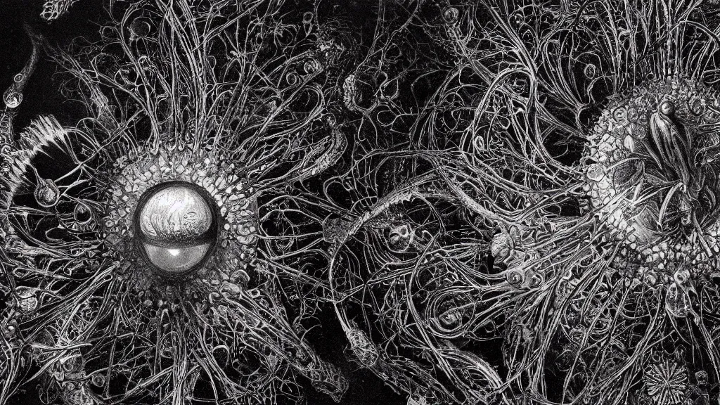 Image similar to beautiful close-up picture of a coronavirus inside a television screen, dark, sinister, hyperdetailed, high contrast, art by Ernst Haeckel and Greg Rutkowski