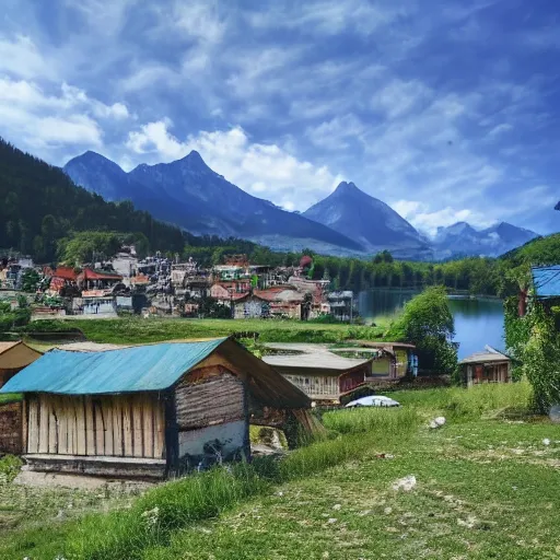 Prompt: a photo of a village close to a lake