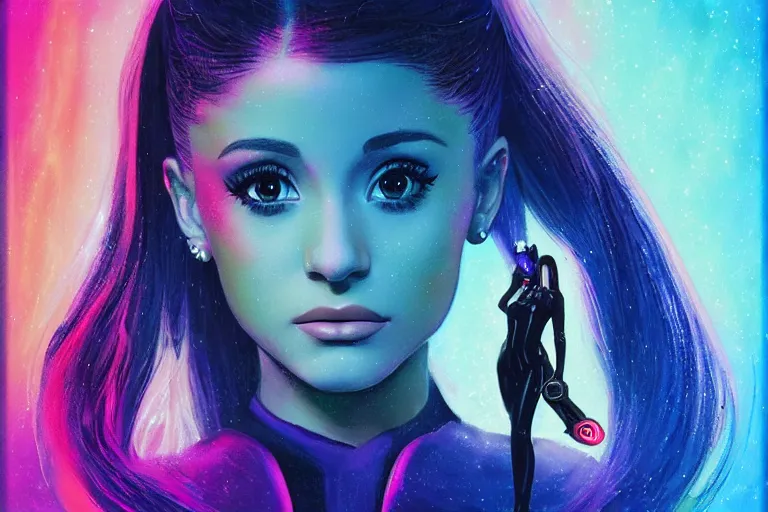 Image similar to ariana grande in the style of johan grenier and john picacio and alan m. clark, trending on artstation, bioluminescence tilt - shift blade runner 2 0 4 9, crayon art, futuresynth, splash art, post - minimalism