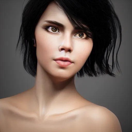 Image similar to portrait of a young lady with curly black hair with, round face, big brown eyes, ultra detailed, volumetric lighting,