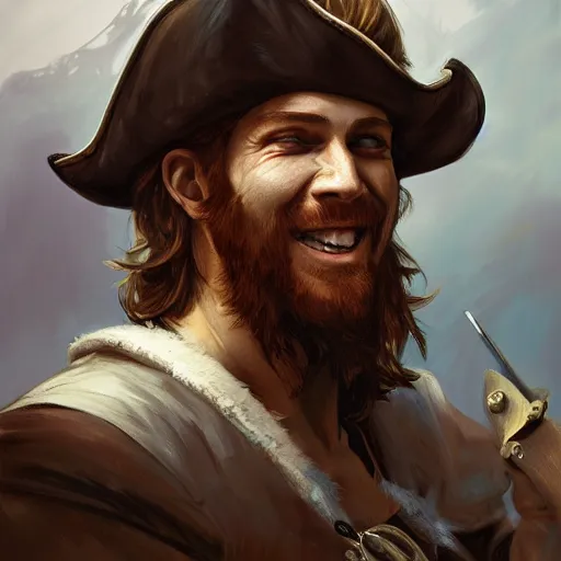 Image similar to portrait of a young rugged pirate, smiling, male, masculine, handsome, upper body, red hair, long hair, D&D, fantasy, intricate, elegant, highly detailed, digital painting, artstation, concept art, matte, sharp focus, illustration, art by Artgerm and Greg Rutkowski and Alphonse Mucha