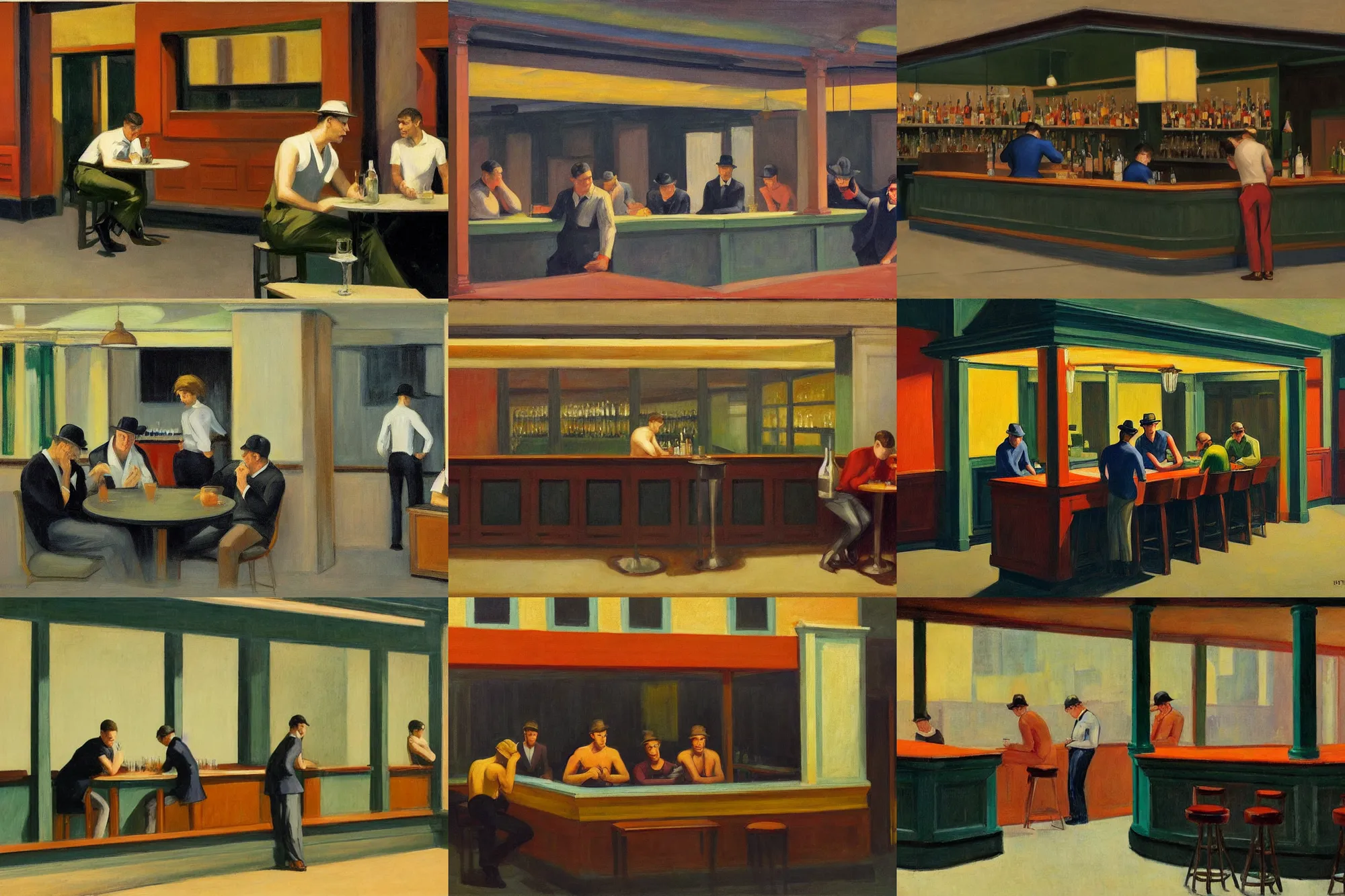 Prompt: guys drinking in an empty bar, in the style of edward hopper