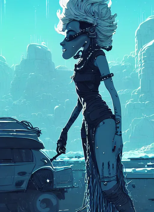 Image similar to highly detailed portrait of wasteland punk long curly white icey shard hair tribal lady, stray wiring by atey ghailan, james gilleard, by joe fenton, by greg rutkowski, by greg tocchini, by kaethe butcher, 4 k resolution, gradient blue, cyan, black and white color scheme!!! ( ( snowy glaciated robotic dystopian city background ) )