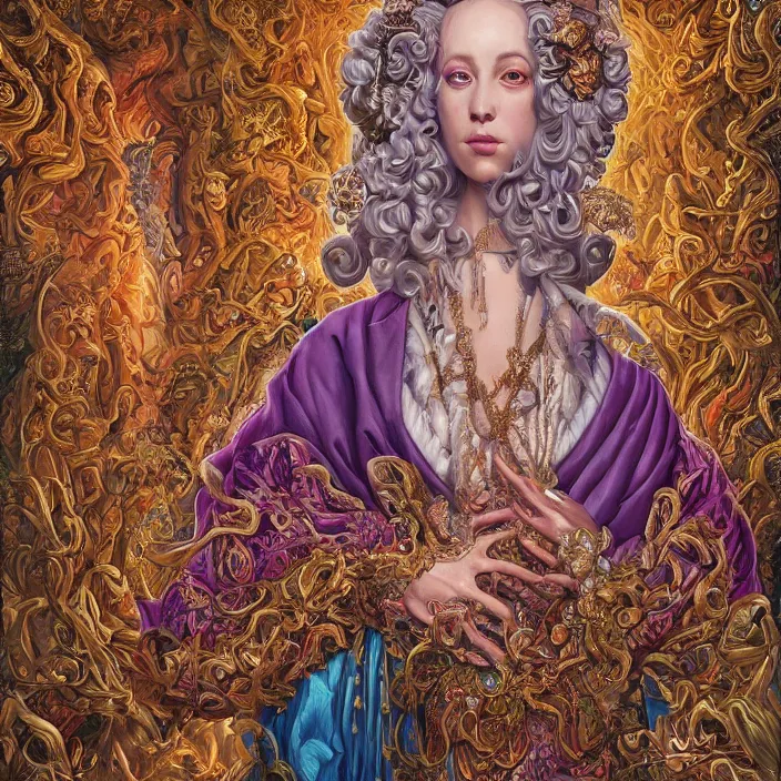 Image similar to beautiful oil painting, full length portrait of dauphinois in baroque coronation robes 1701, Dan Mumford, Dan Mumford, Alex grey, highly detailed , lsd visuals, dmt fractal patterns, hallucinogen, visionary art, psychedelic art, ornate, vaporwave, baroque, Greg rutkowski