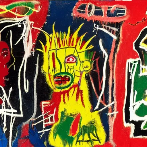 Image similar to garden of earthly delights painted by basquiat