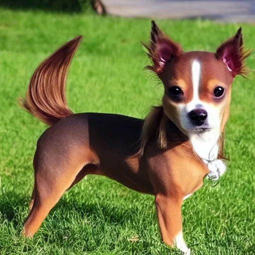 Image similar to adult tan pit bull, long - haired chihuahua, pomeranian mix