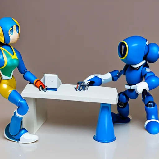 Image similar to photo of figma figures inside a diorama of a laboratory : : a cute female robot in the style of mega man with long hair is repairing computers. she is being helped by a companion robot.