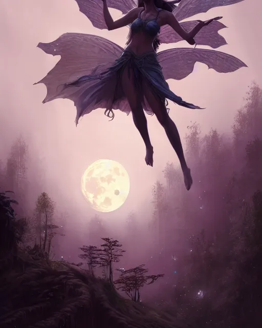 Image similar to attractive fairy goddness fly high in the night, d & d, fantasy, mist, full moon in background, trees, hyper detailed, art by artgerm and greg rutkowski and magali villeneuve, midium shot, 8 k realistic, cryengine, digital painting, trending on artstation, concept art, sharp focus, illustration,