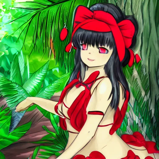 Image similar to a drawing of reimu in the jungle wearing bonnet