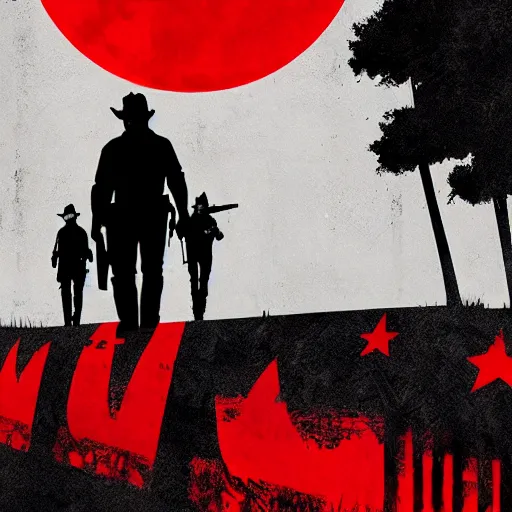 Image similar to minimalist poster design of red dead redemption 2, worn oaper, retro colors