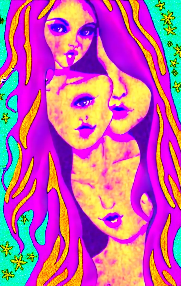 Image similar to beautiful hippie girl illustration, closeup in bikini over psychedelic sacred geometry hallucination