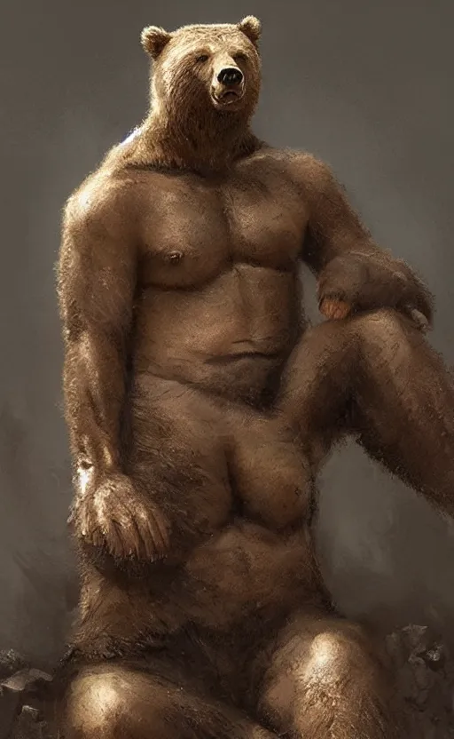 Image similar to Portrait of a rugged bear sitting down, male, muscular, detailed face, bare thighs!!!, simple clothing!!!!!, fantasy, medieval, highly detailed, cinematic lighting, digital art painting by greg rutkowski