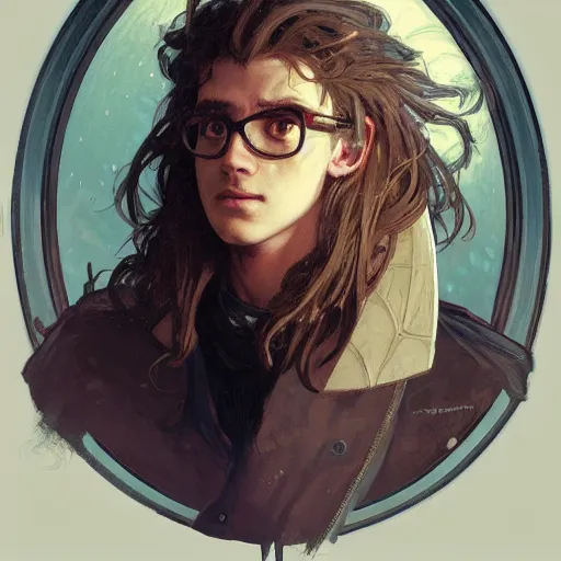 Prompt: portrait of depressed teen, ugly, nerds, hair looks like a helmet, straight stiff dry damaged hair, male, glasses, medium hair, oval face, olive skin color, d & d, concept art, art by greg rutkowski, alphonse mucha and liamrsharps