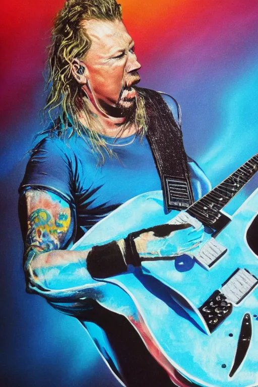 Prompt: hyperrealism, fluorescent james hetfield from metallica singing and playing an electric guitar and floating in indigo space with light blue brutalist architecture in the horizon, realistic face, photorealistic, vivid colours, cinematic, 4 k, high resolution