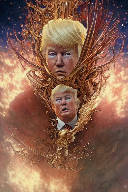 Image similar to donald trump, by artgerm and yoshitaka amano and moebius and hr giger and zdislaw beksinski and alphonse mucha, hyperdetailed, symmetry, glamour, surreal, dc comics, ornate, stunning, nebula, explosions in the sky, trending on artstation