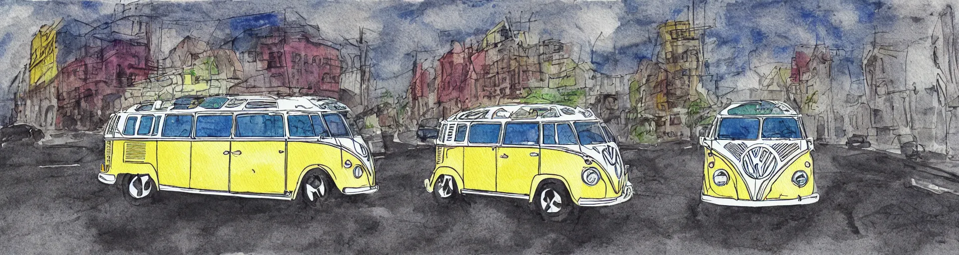 Image similar to vw bus, vw beetle, on a street, centered award winning watercolor pen illustration