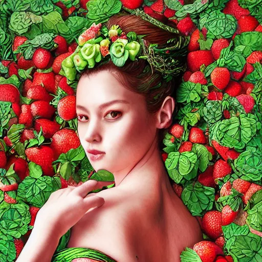 Image similar to the portrait of an absurdly beautiful, graceful, elegant, curvy woman made of strawberries and green petals, an ultrafine hyperdetailed illustration by kim jung gi, irakli nadar, intricate linework, bright colors, octopath traveler, final fantasy, angular, unreal engine 5 highly rendered, global illumination, radiant light, detailed and intricate environment
