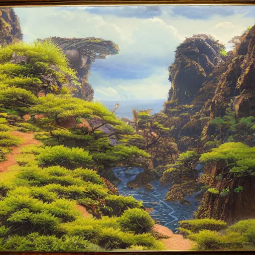 Image similar to detailed painting of a lush natural scene on an alien planet by tojiro oshita. beautiful landscape. weird vegetation. cliffs and water.