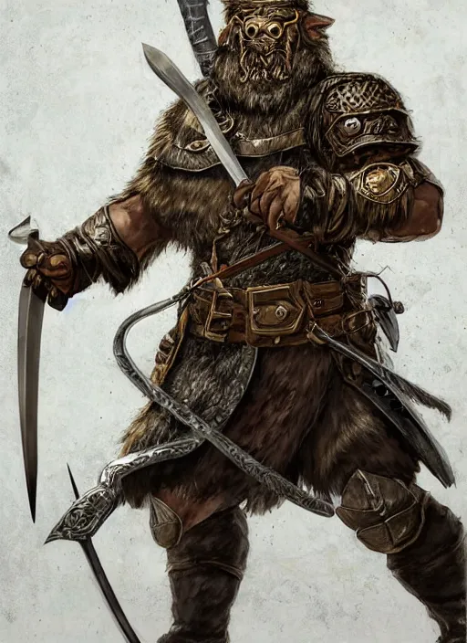 Image similar to strong young man, photorealistic bugbear ranger holding aflaming sword, black beard, dungeons and dragons, pathfinder, roleplaying game art, hunters gear, jeweled ornate leather and steel armour, concept art, character design on white background, by alan lee, norman rockwell, makoto shinkai, kim jung giu, poster art, game art