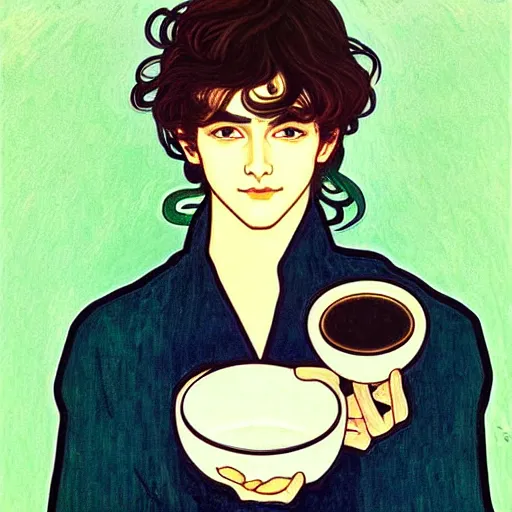 Prompt: painting of young handsome beautiful dark medium wavy hair man in his 2 0 s named shadow taehyung at the cucumber soup party with tiny teacup, elegant, clear, painting, stylized, delicate, soft facial features, soft, gorgeous, art, art by alphonse mucha, vincent van gogh, egon schiele