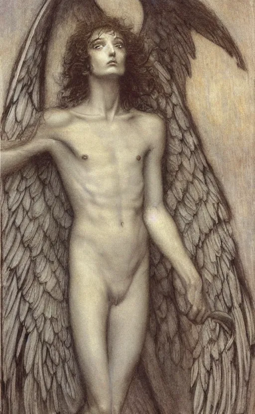 Prompt: Say who is this with silver hair so dark and Wan! and thin? beautiful lone single Male!! angel, Hades Death, in the style of Jean Delville, Lucien Lévy-Dhurmer, Fernand Keller, Fernand Khnopff, oil on canvas, 1896, 4K resolution, aesthetic, mystery