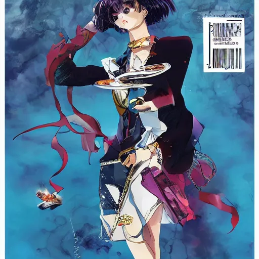 Image similar to Magazine Cover Anime key visual of a Gucci girl; official media; typography; drawn by Hirohiko Araki; Jojo's Bizarre Adventure; Jojolion, portrait, made by Stanley Artgerm Lau, WLOP, Rossdraws, James Jean, Andrei Riabovitchev, Marc Simonetti, Yoshitaka Amano, ArtStation