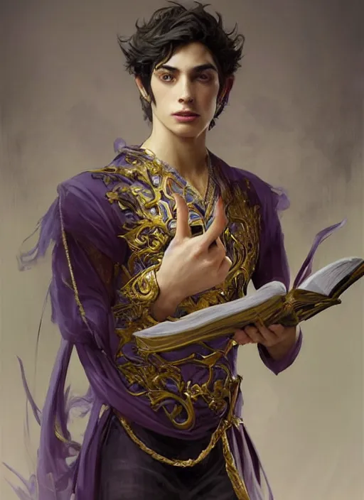 Image similar to character concept portrait of an attractive young princely Spanish wizard with golden skin enchanting a mutilating curse, a floating iridescent spell book in the center, intricate, elegant, digital painting, concept art, smooth, sharp focus, illustration, from Metal Gear, by Ruan Jia and Mandy Jurgens and William-Adolphe Bouguereau, Artgerm