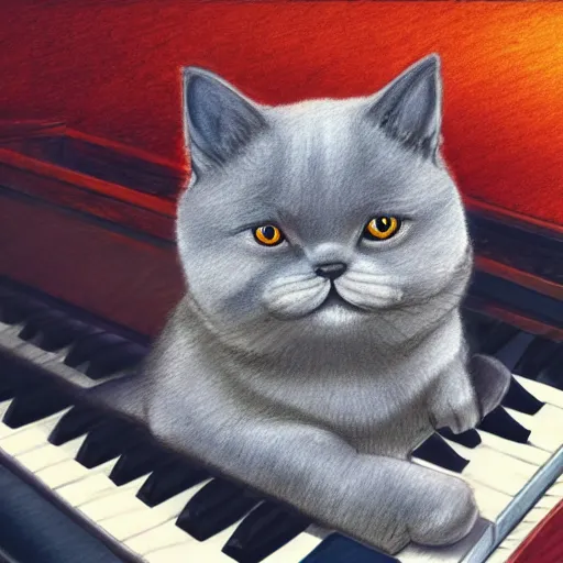 Image similar to anthropomorphic grey british shorthair cat sitting up playing the piano with swirling musical notes in the background detailed colored pencil drawing 4 k