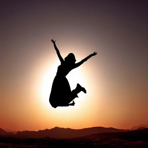 Prompt: cinematic still of silhouette of woman in Biblical clothing jumping for joy, beautiful middle eastern landscape with sunrise behind, Biblical epic movie directed by Steven Spielberg