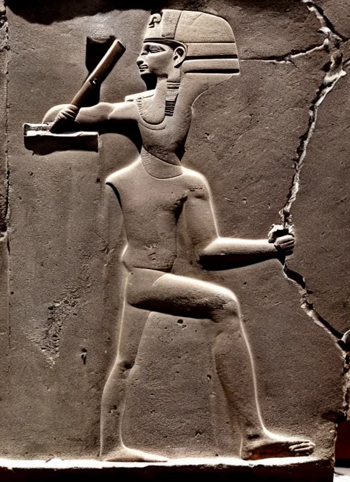 Prompt: a worn out ancient egyptian relief of a man holding a primitive rifle and pointing it at someone,, award winning photo