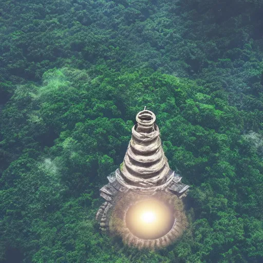 Image similar to a stone temple emitting a super powered laser beam with magical energy spiraling around the beams light straight in a star filled sky surrounded by dense lush jungles from an aerial point of view