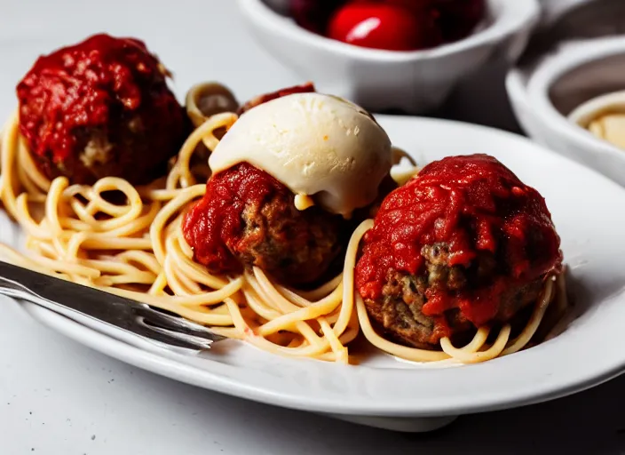 Image similar to dslr food photograph of spaghetti and meatballs topped with vanilla ice cream and a cherry on top, 8 5 mm f 1. 8