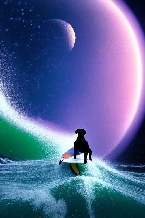 Image similar to beagle dog surfing a surfboard on a sparkly crashing wave of stardust in space, background is a moon in nebula, octane render, unreal engine, wide view, 8 k, highdetaild