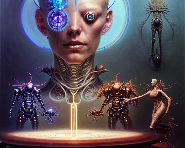 Prompt: the battle of humans against androids, fantasy character portrait made of fractals facing each other, ultra realistic, wide angle, intricate details, the fifth element artifacts, highly detailed by peter mohrbacher, hajime sorayama, wayne barlowe, boris vallejo, aaron horkey, gaston bussiere, craig mullins