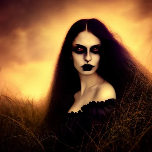 Prompt: photographic portrait of a stunningly beautiful gothic femalewith glowing eyes in soft dreamy light at sunset, contemporary fashion shoot, by edward robert hughes, annie leibovitz and steve mccurry, david lazar, jimmy nelsson, breathtaking, 8 k resolution, extremely detailed, beautiful, establishing shot, artistic, hyperrealistic, beautiful face, octane render