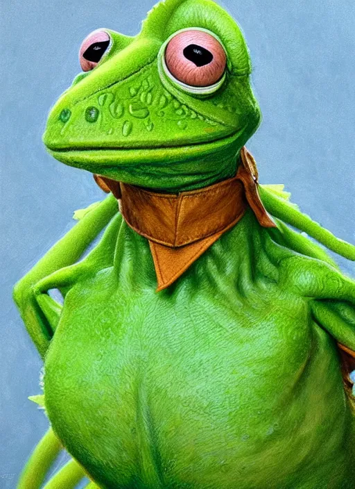 Prompt: portrait of Kermit the frog from Society (1989), intricate, highly detailed, centered, digital painting, artstation, concept art, smooth, sharp focus, illustration, artgerm, donato giancola, Joseph Christian Leyendecker, WLOP, Artgerm