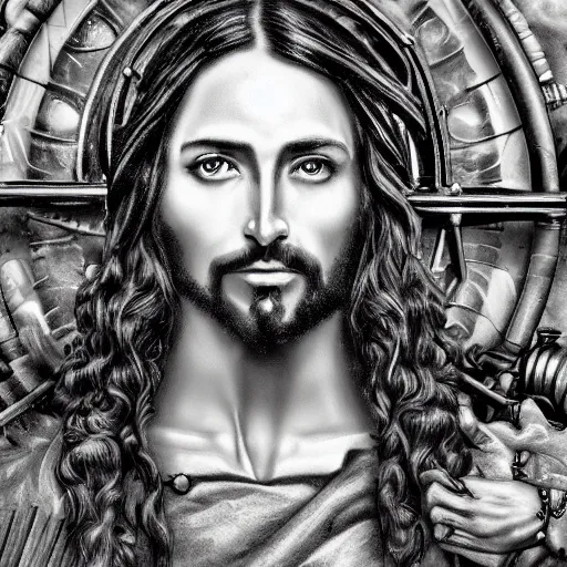 Image similar to steampunk Jesus, highly detailed, black and white matte painting