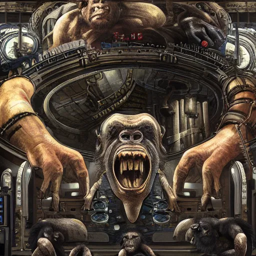 Image similar to Steam computer in ancient time surrounded by apes, highly detailed, highly realistic, artstation, by Hans Giger