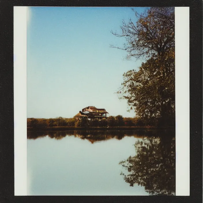 Image similar to a building in a serene landscape, polaroid photo