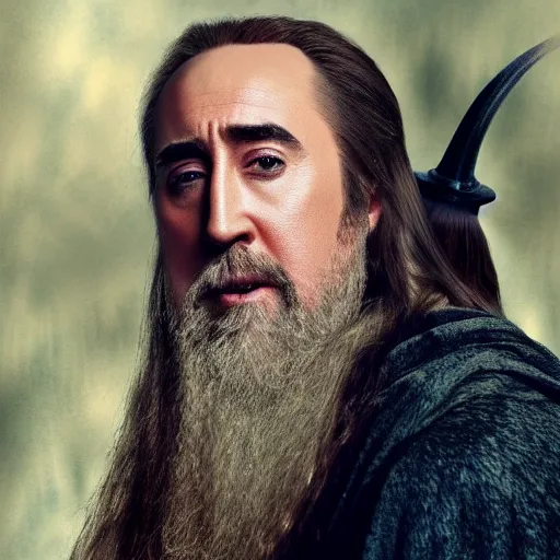 Image similar to drunk nicholas cage as gandalf, detailed, cinematic photo