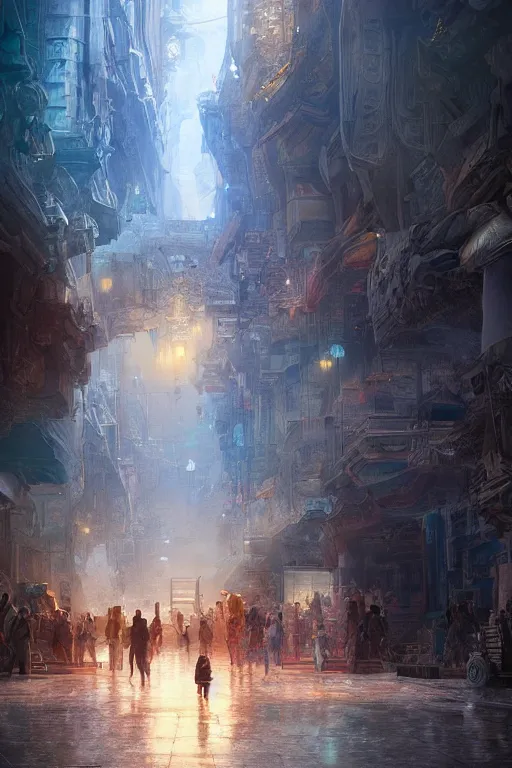 Image similar to inside the street of the city of atlantis, powerfull, intricate, elegant, volumetric lighting, digital painting, highly detailed, artstation, sharp focus, illustration, concept art, ruan jia, steve mccurry