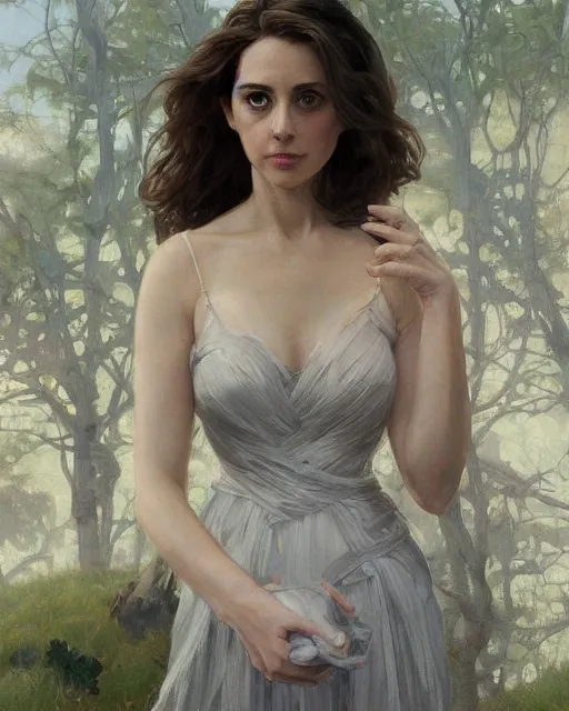 Prompt: a portrait painting of alison brie / rachel lane / sabrina lloyd / rachel weisz hybrid oil painting, gentle expression, smiling, elegant clothing, scenic background, unreal 5. rpg portrait, extremely detailed, artgerm, greg rutkowski, alphonse mucha, vladimir volegov, adolphe bouguereaum, greg hildebrandt, tim hildebrant