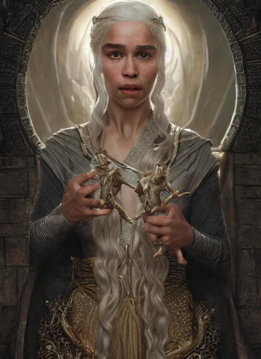 Image similar to cinematic portrait painting daenerys targaryen in fantastic dress aside dragon, royally decorated crystal gemstones incrustations, medium shot, clear symmetrical face enhancement, by lawrence alma - tadema, jaime jones, greg rutkowski, volumetric lights, deviantart contest winner, artstation, fantasy art, highly detailed, golden ratio