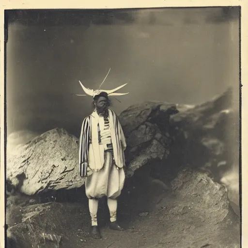 Image similar to A 1900 photography of a colonial explorer wearing bauhaus cloth next to a eagle