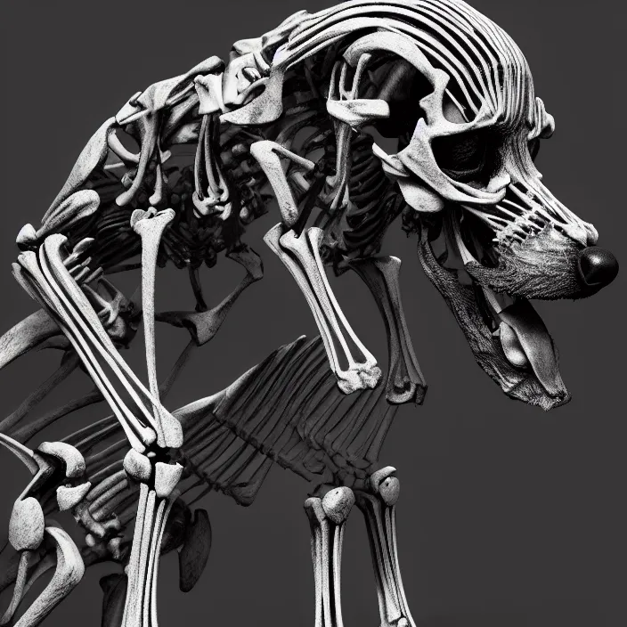 Image similar to belgian malinois, skeleton. intricate abstract. intricate artwork. by Tooth Wu, wlop, beeple, dan mumford. octane render, trending on artstation, greg rutkowski, very coherent symmetrical artwork. cinematic, hyper realism, high detail, octane render, 8k, iridescent accents, deep blacks